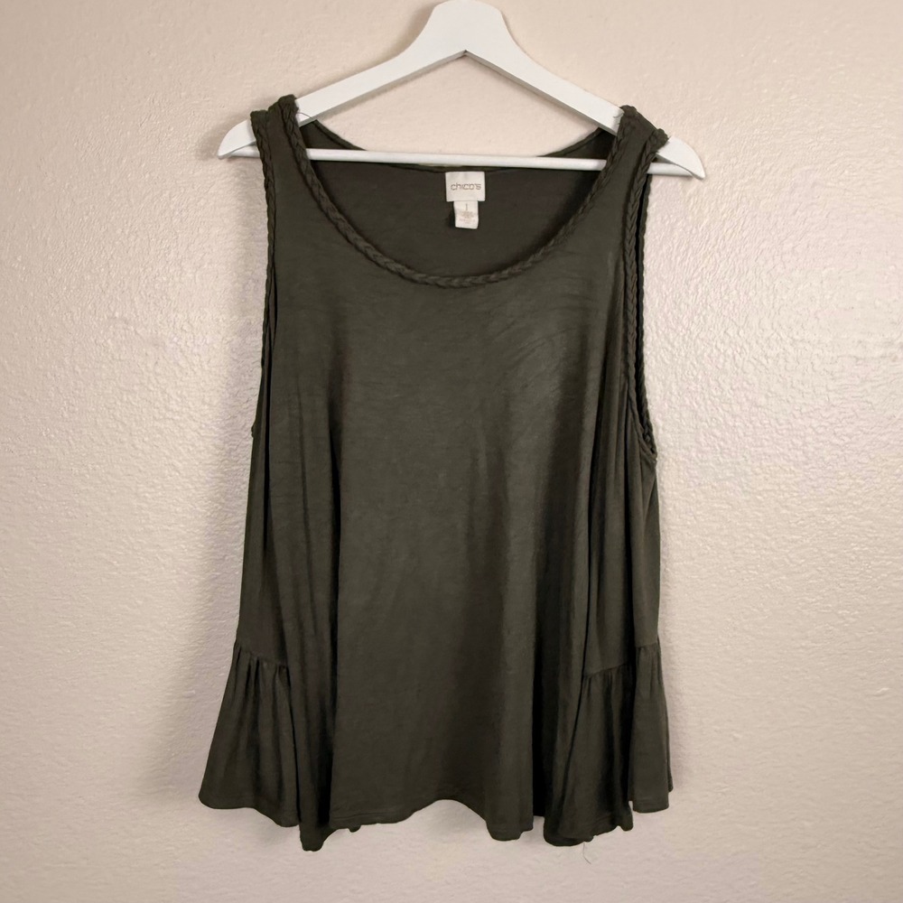 Chico's Cold Shoulder Top Women M Olive Green Boho Peasant Braided Ruffle Sleeve